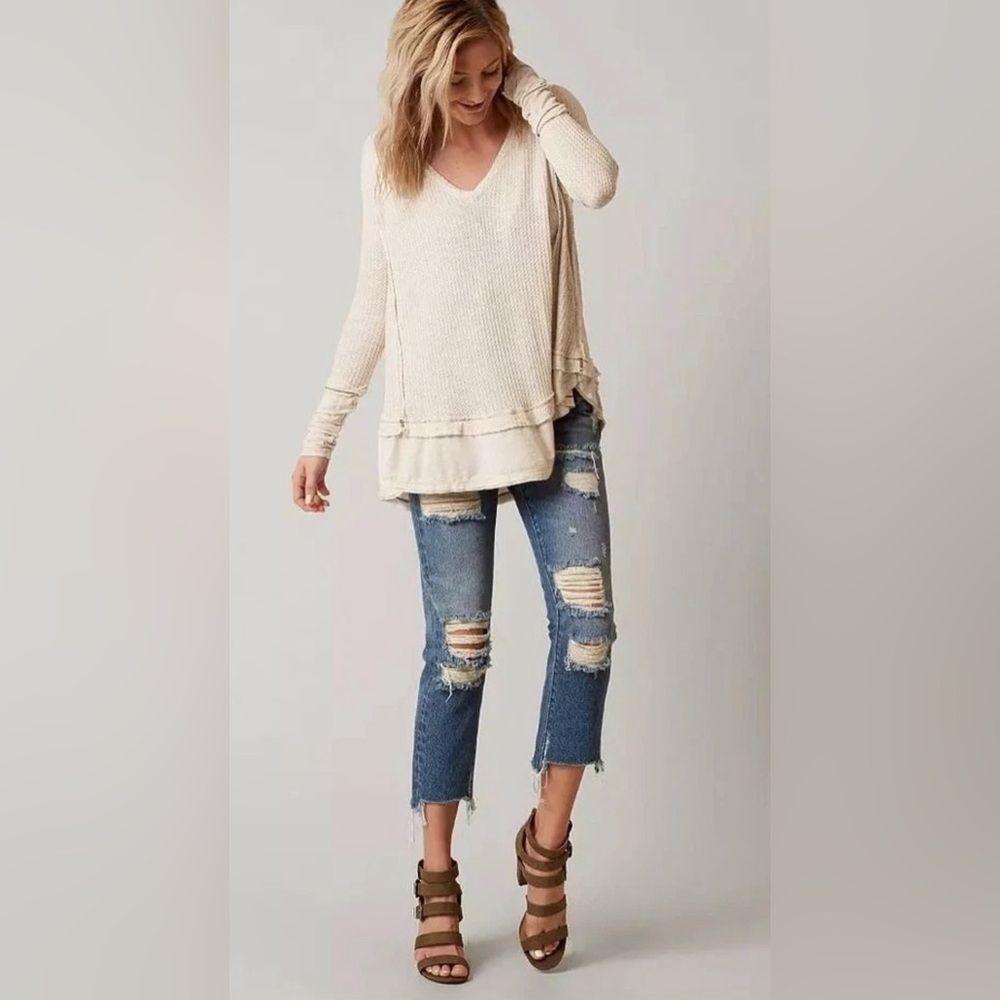 FREE PEOPLE Laguna Beige Waffle Weave Knit Thermal Long Sleeve Tunic Top Medium
